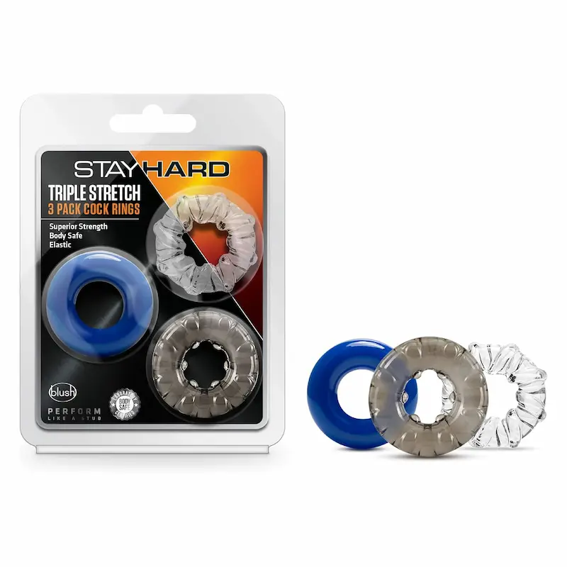 StayHard Triple Stretch 3 Pack Cock Rings – Set de anillos para pareja con 3 anillos con distintos ajustes